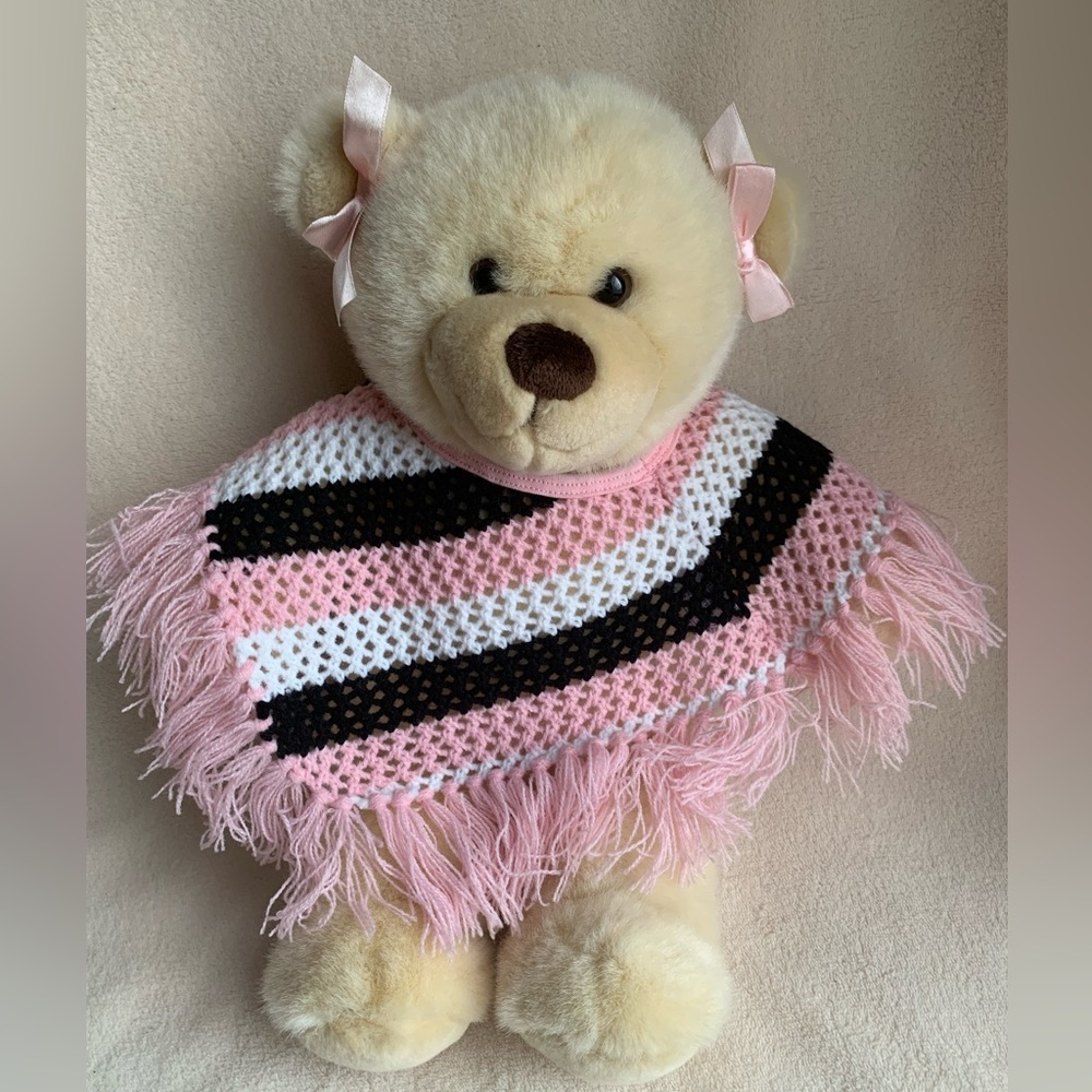 Build A Bear Workshop Plush Little Vanilla Bear Cub Stuffed Animal Toy w Poncho